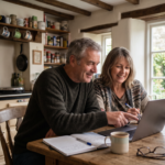 Couple planning their motorhome finance budget at home